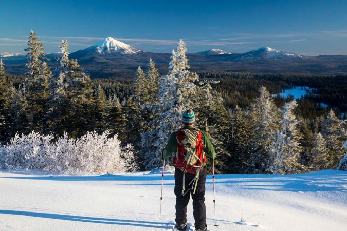 cross-country skier admiring view of snowy mountain peaks in distance